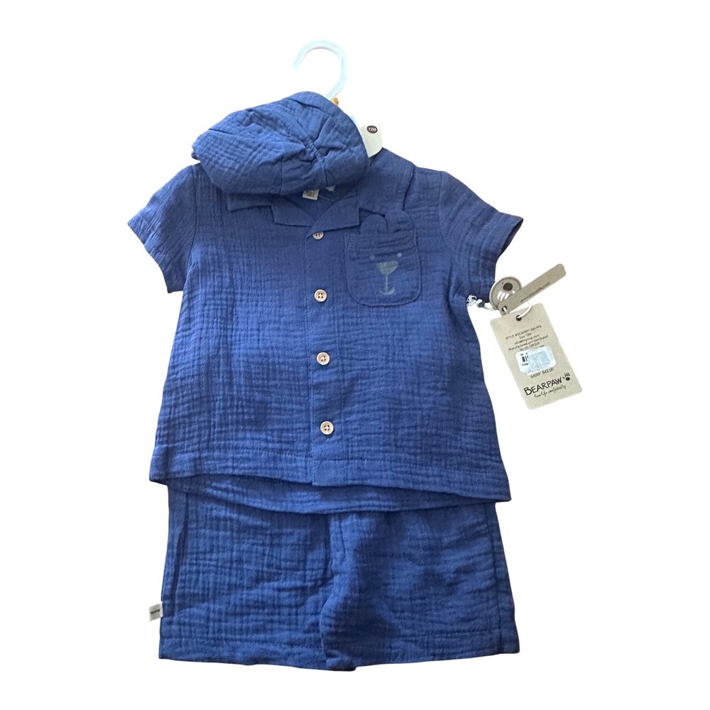 Bearpaw Kids Navy Blue Double Gauze 3 Piece Shirt Shorts and Hat Set 12M NWT